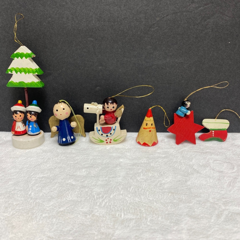 Vintage Wooden Christmas Ornaments Set of 6 Figurines Angel Tree Star Boot